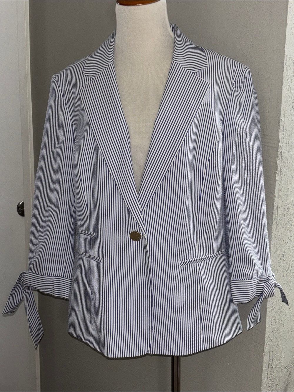 Anne Klein Navy and White Seersucker Jacket